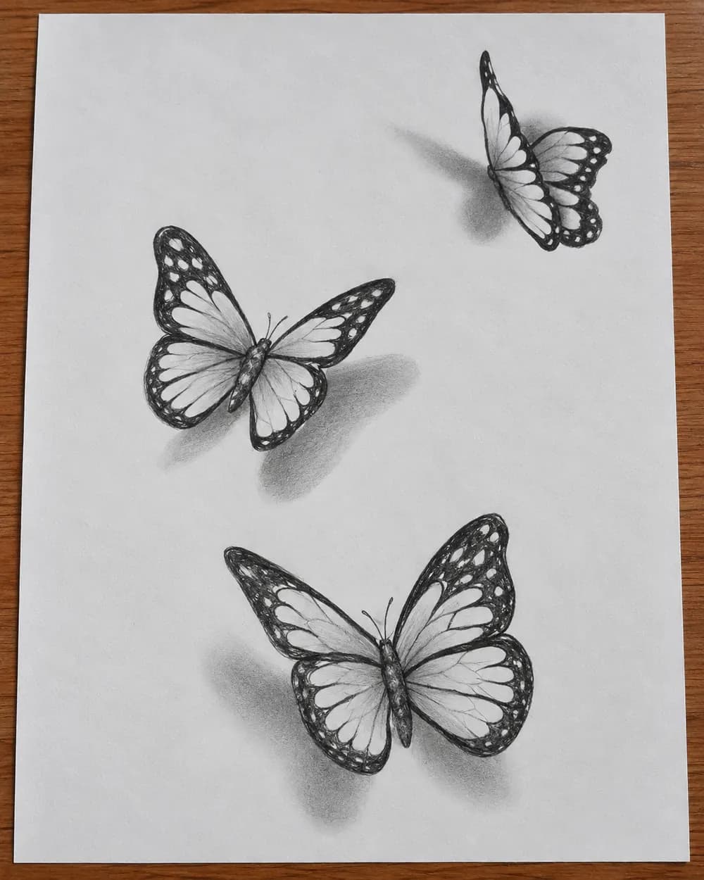 Three 3D butterflies drawn with a pencil, each casting a soft shadow on the page