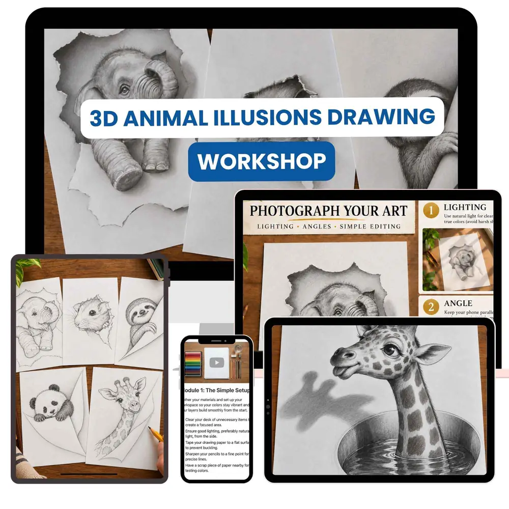 The 3D Animal Illusions Drawing Workshop shown across desktop, tablet, and phone