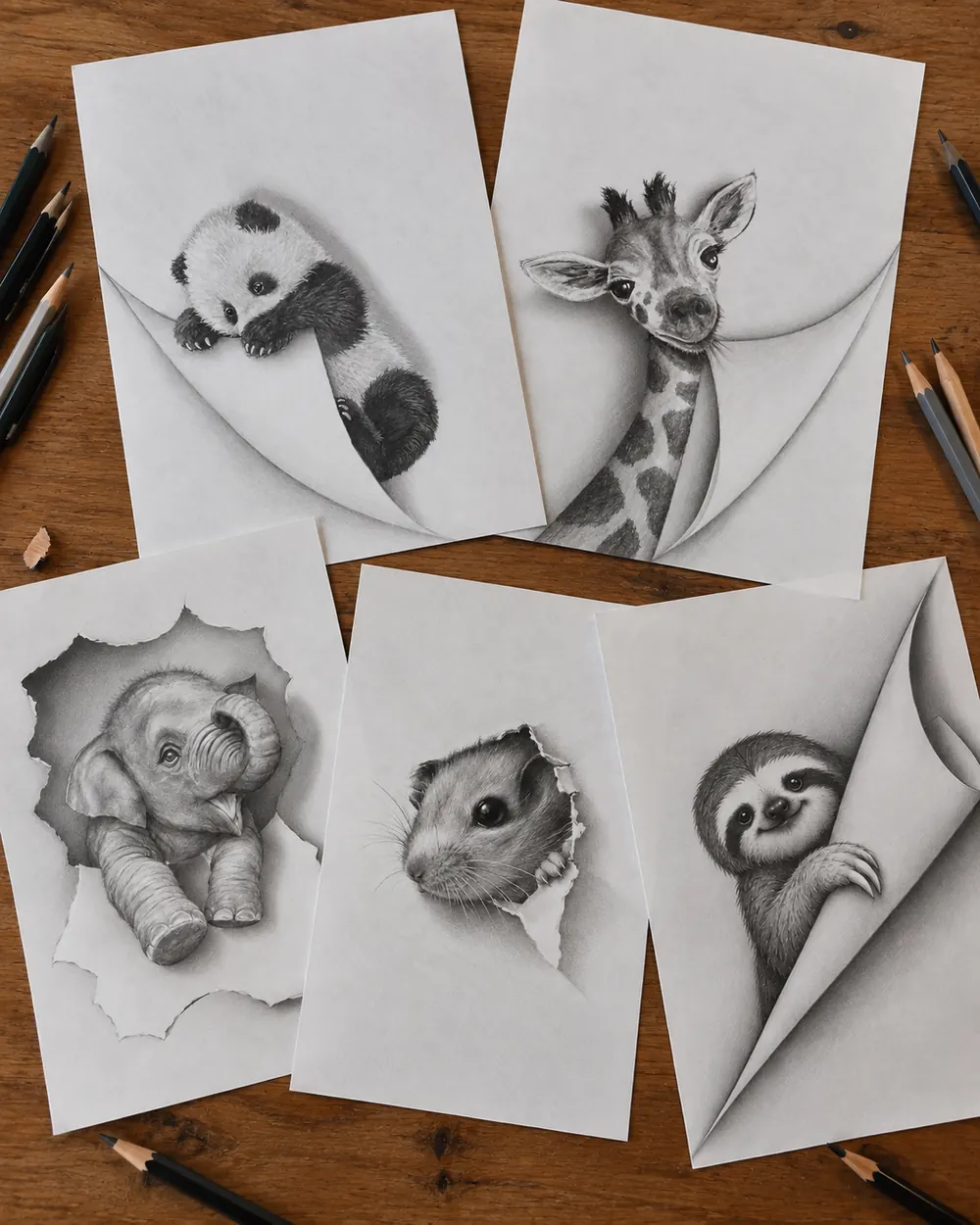 Five 3D pencil drawings of a panda, giraffe, elephant, mouse, and sloth popping off the page